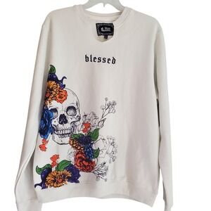 Blind Rooster Sweatshirt Adult L White Fog Blessed Skull Floral Graphic Crewneck